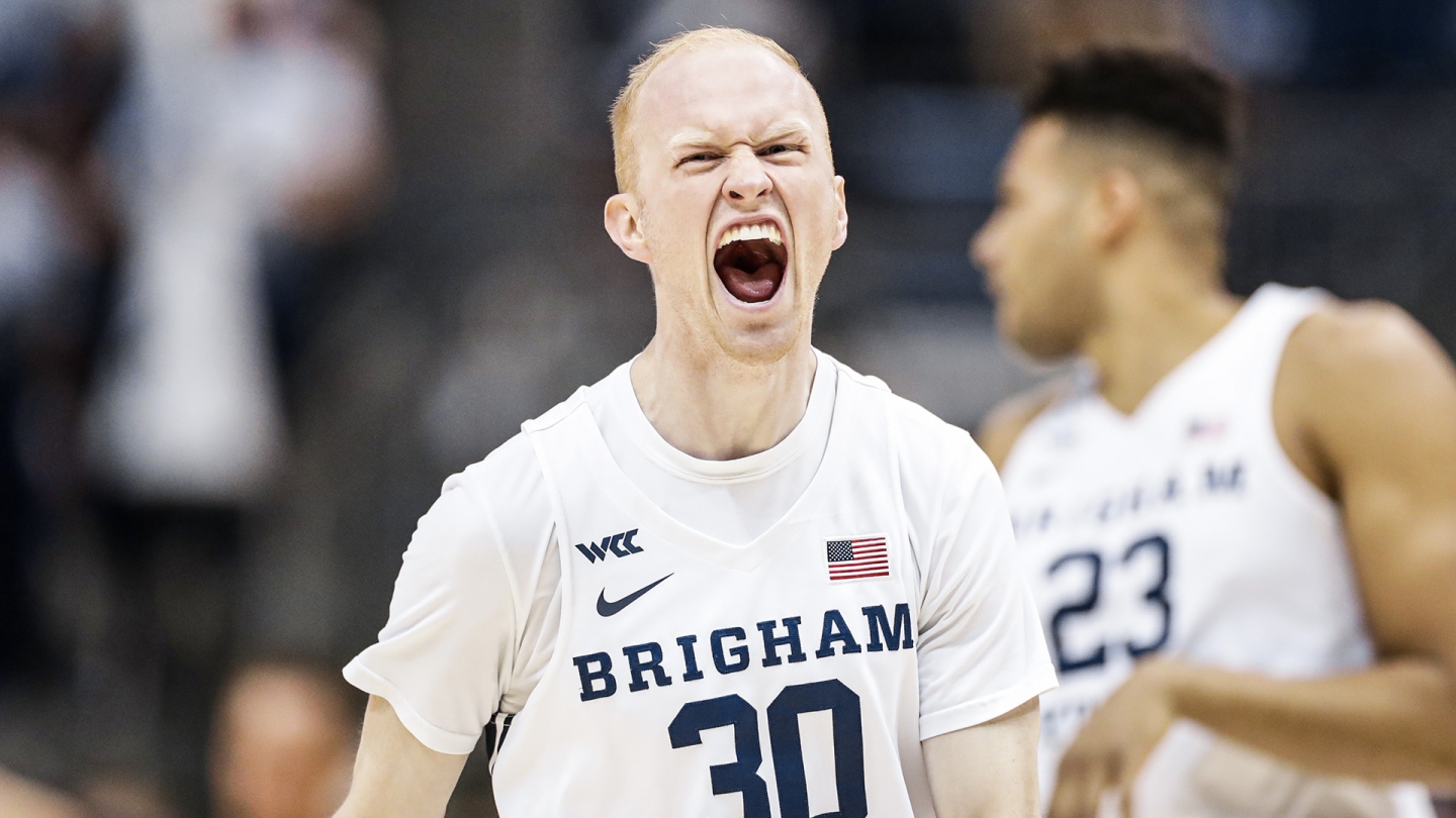 TJ Haws yells to the crowd in celebration.