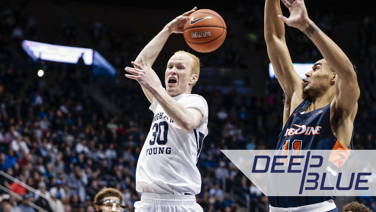 Photo of TJ Haws passing the ball with a graphic overlay of the Deep Blue logo.