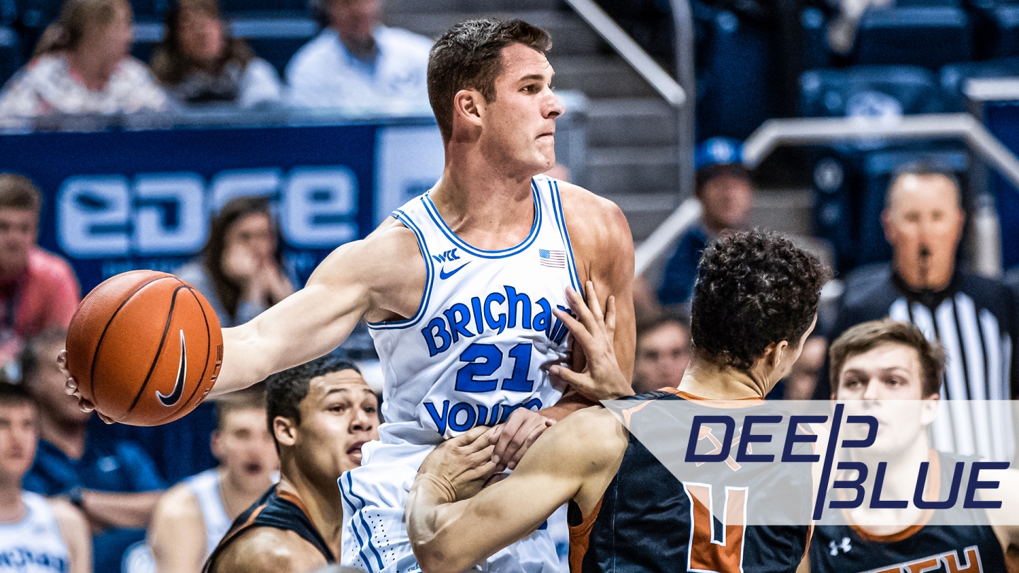 Photo of Trevin Knell passing the ball with a graphic overlay of the Deep Blue logo.