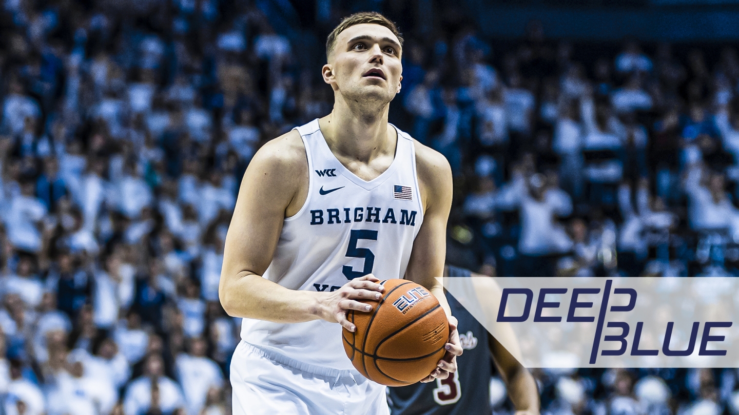 Photo of Jake Toolson shooting a free throw with a graphic overlay of the Deep Blue logo.